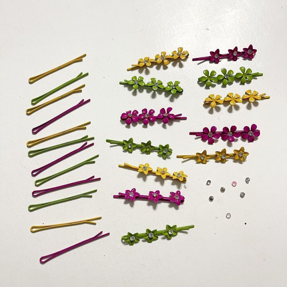 Vintage Lot of 24 Metal Bobby Pins Colorful Rhinestone Glitter Pink Green Yellow - Picture 14 of 16